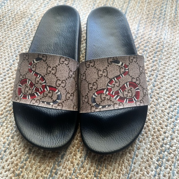 Gucci Black and Tan Slides with Red Snake Motif - Picture 1 of 4